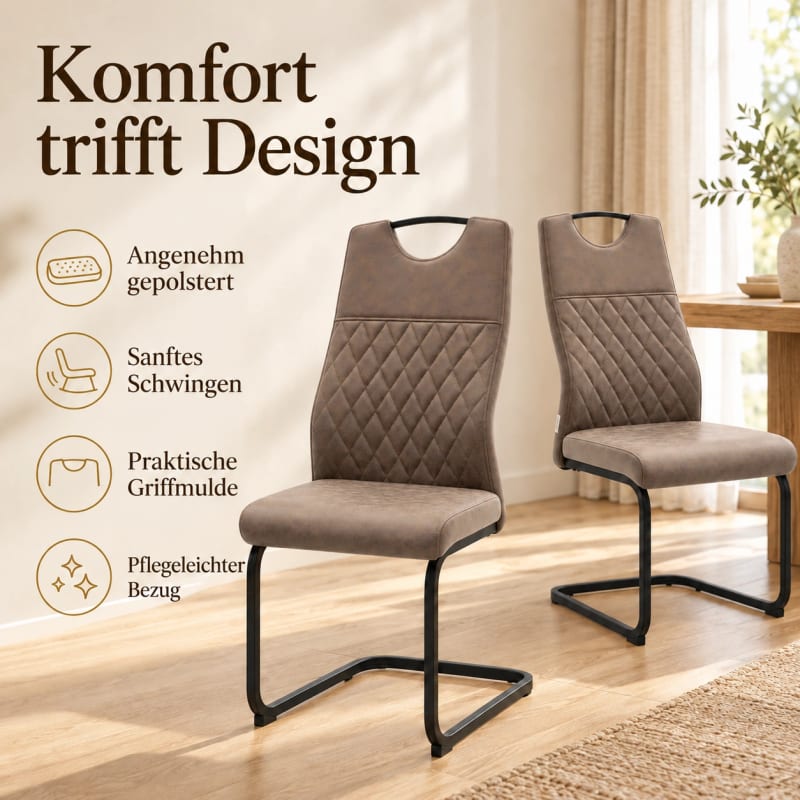HAGO24 2er-Set Esszimmerstuhl Braun Kunstleder Küchenstühle Schwingstuhl Freischwinger Polsterstuhl Rautensteppung Griffmulde Bodenschoner – Bild 3