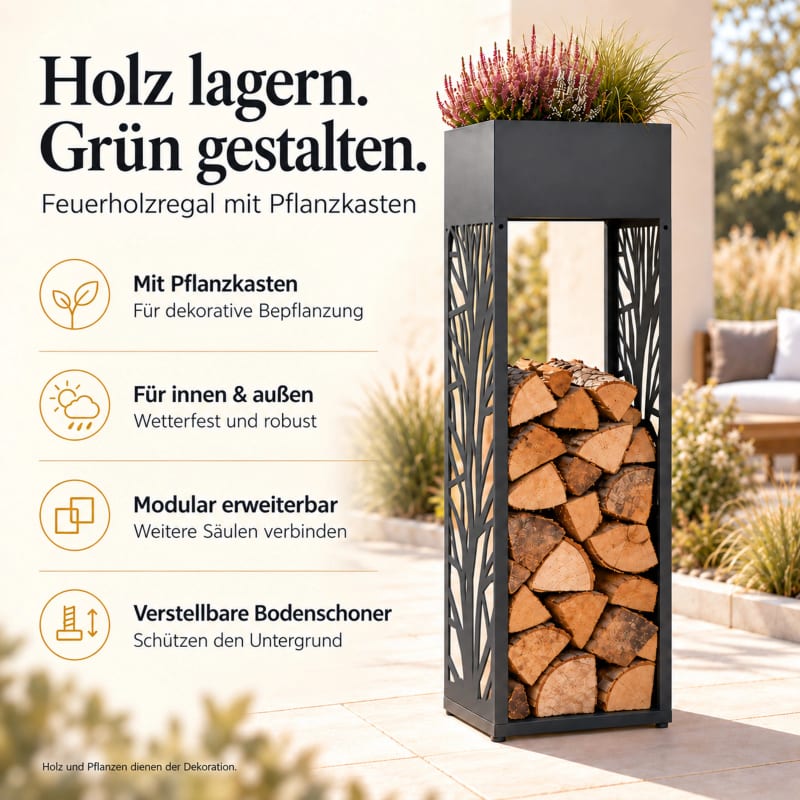 HAGO24 Feuerholzregal Anthrazit verzinkter Stahl Kaminholzregal Brennholzregal Holzlager Säulenform integrierter Pflanzkasten modular erweiterbar – Bild 3