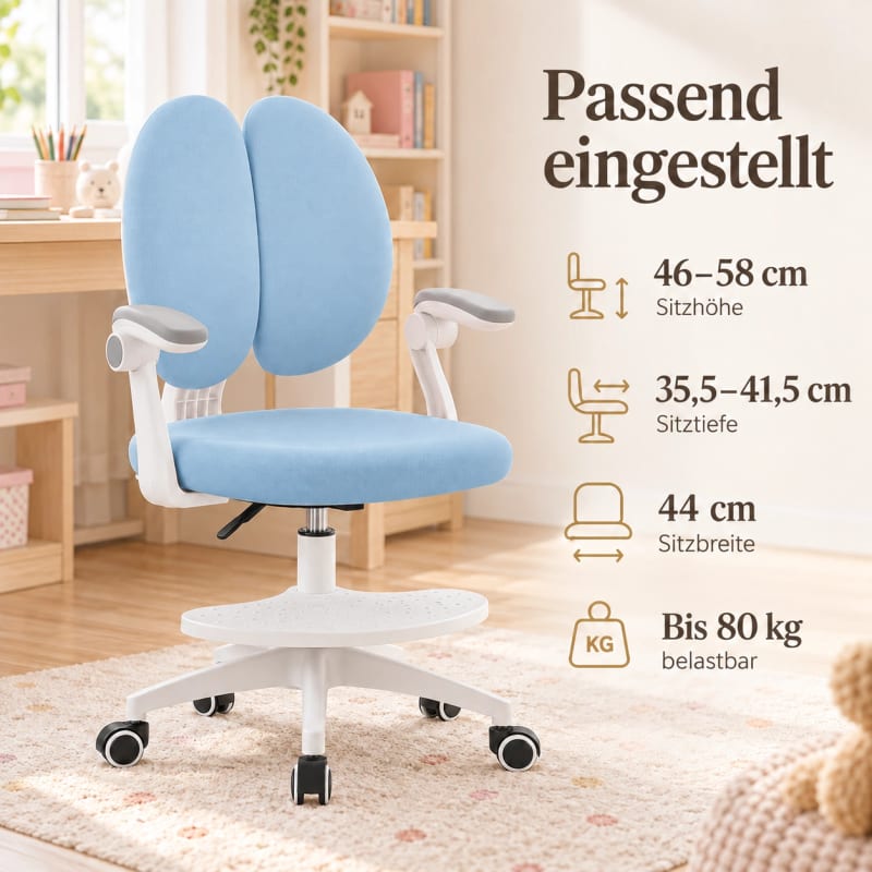 HAGO24 Kinder-Schreibtischstuhl Blau Polyester Drehstuhl Bürostuhl Schreibtischsessel 46-58cm-Sitzhöhe geteilte Rückenlehne höhenverstellbare Fußstütze – Bild 4