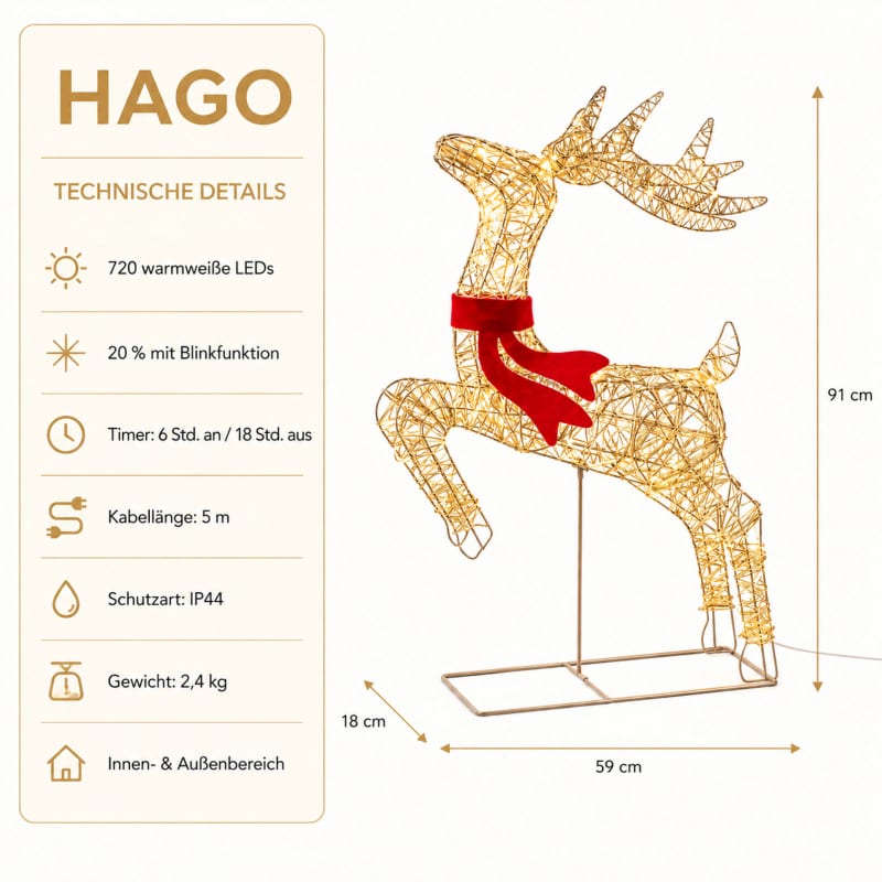 HAGO24 LED Rentier Gold mit rotem Schal Metall Weihnachtsbeleuchtung Winterdeko Leuchtfigur In-& Outdoor gold warmweiß Timer Glitzereffekt – Bild 4