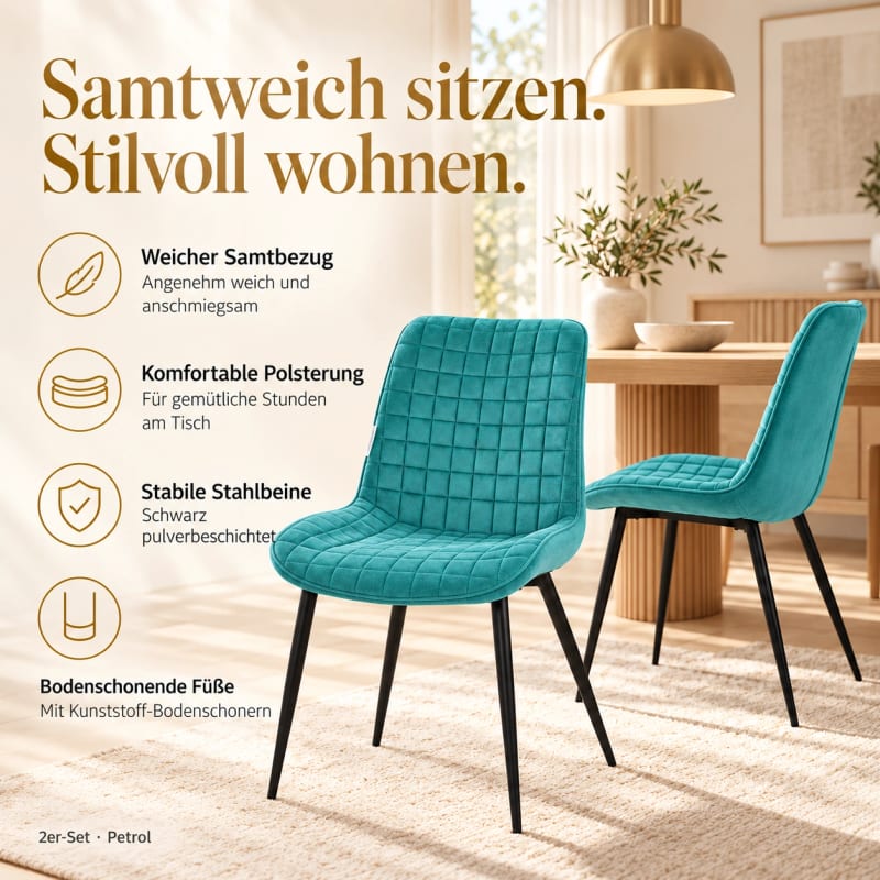 HAGO24 Esszimmerstühle Petrol - Samt Polsterstuhl Küchenstuhl Samtstuhl Essstuhl quadratische Steppung gepolsterte Rückenlehne schwarzes Metallgestell – Bild 3