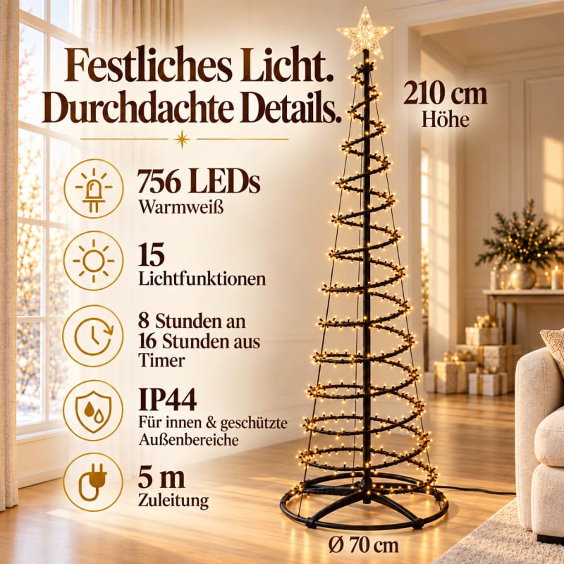 HAGO24 Beleuchteter Baum Schwarz Kunststoff Weihnachtsbaum Tannenbaum Christbaum 210 cm Höhe mit 756 warmweißen LEDs 15 Lichtfunktionen und 8/16-Stunden-Timer Wasserfall-Lichteffekt mit beleuchteter Sternspitze – Bild 4