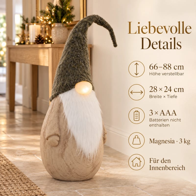 HAGO24 LED-Weihnachtswichtel Natur Magnesia Weihnachtsfigur Zwergfigur Deko-Zwerg LED-Nase 66-88cm Höhe ausziehbar – Bild 4