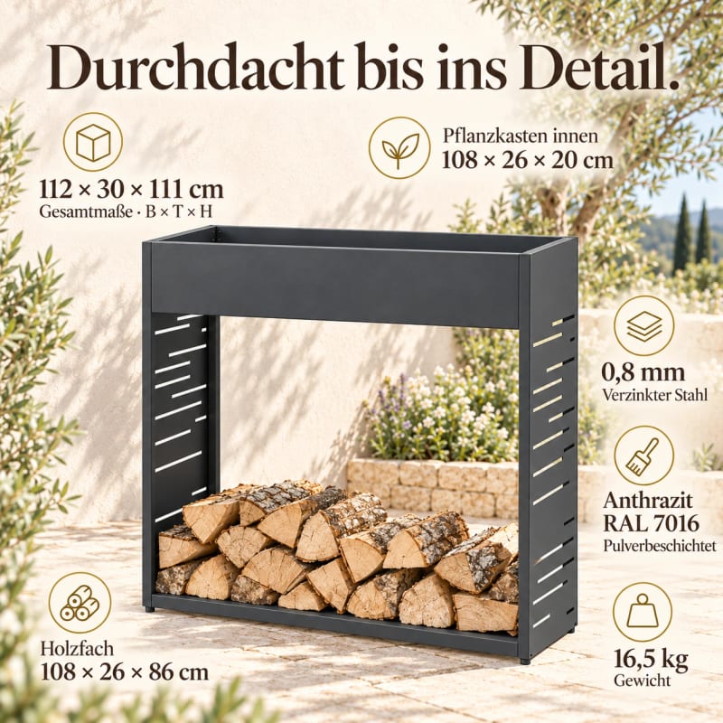 HAGO24 Feuerholzregal Anthrazit verzinkter Stahl Brennholzregal Kaminholzregal Holzlagerregal mit dekorativem Motiv mit integriertem Pflanzkasten mit 4 verstellbaren Bodenschonern – Bild 4