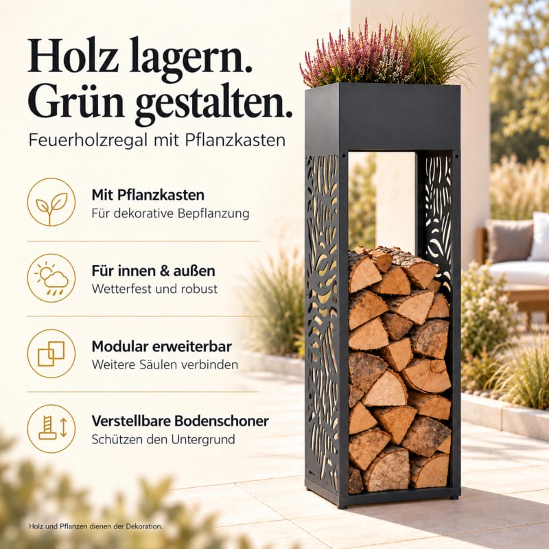HAGO24 Feuerholzregal Anthrazit verzinkter Stahl Kaminholzregal Brennholzregal Holzlager Säulenform integrierter Pflanzkasten modular erweiterbar – Bild 3