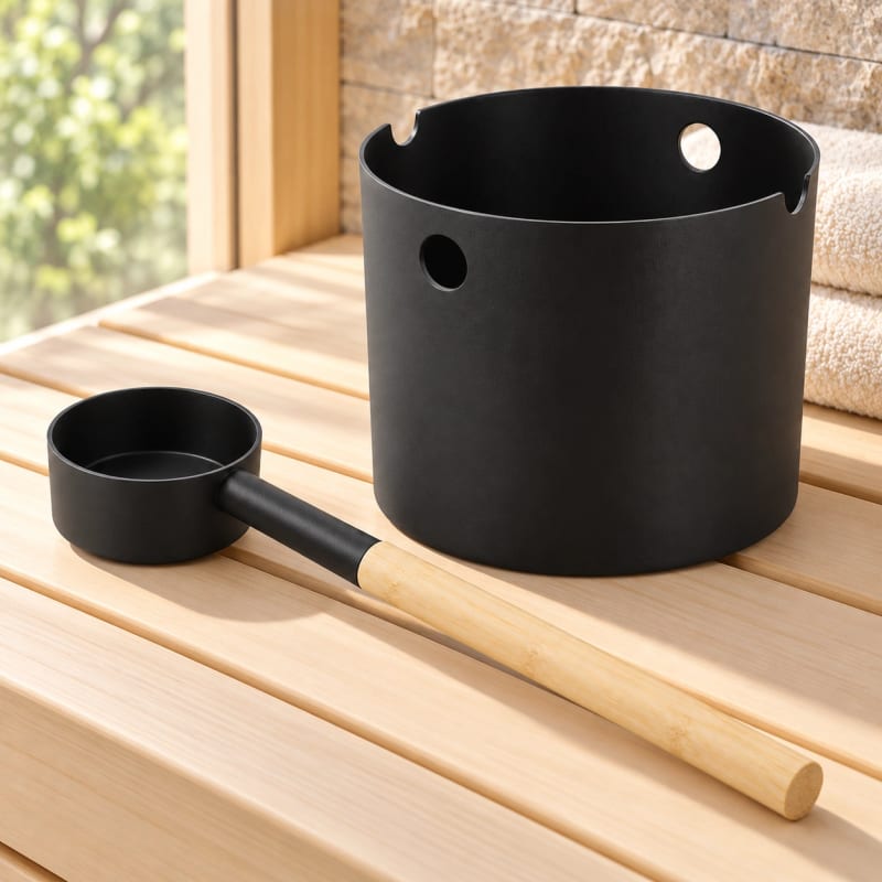 HAGO24 Aufgusskübel-Set Schwarz Aluminium und Bambus Saunaeimer-Set Sauna-Aufgussset Aufgusseimer-Set 7 Liter Fassungsvermögen integrierte Kellenablage mattschwarze Pulverbeschichtung – Bild 5