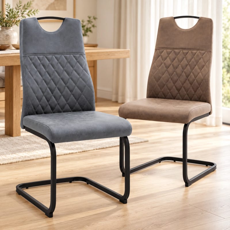 HAGO24 Esszimmerstühle 2er-Set, Freischwinger aus Kunstleder mit Rautensteppung, Griffmulde und Bodenschonern, gepolsterte Küchenstühle
