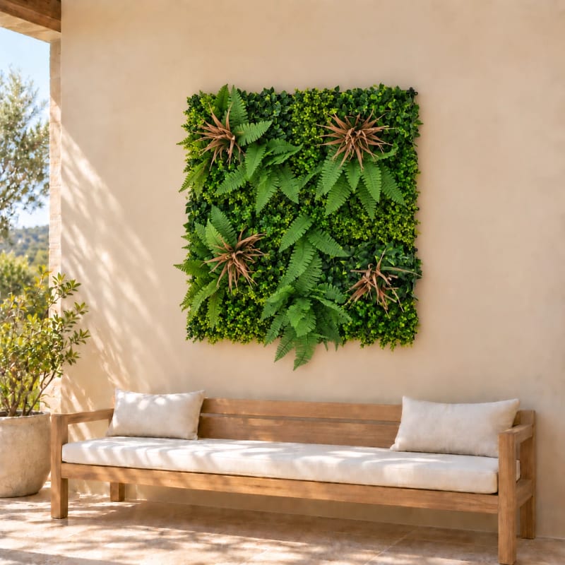 HAGO24 1qm Künstliche Pflanzwand Grün PE Kunstpflanzenwand Pflanzenmatte Blumenwand 4er-Set 50x50 cm Paneel Wanddeko UV-Beständig – Bild 2