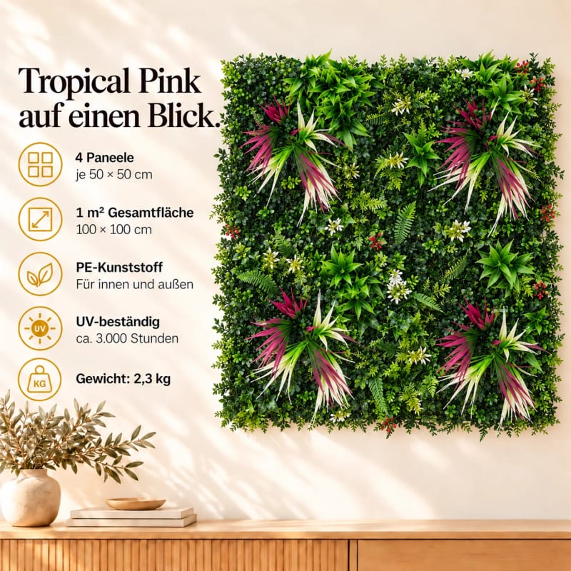 HAGO24 1qm Künstliche Pflanzwand Grün PE Kunstpflanzenwand Pflanzenmatte Blumenwand 4er-Set 50x50 cm Paneel Wanddeko UV-Beständig – Bild 4