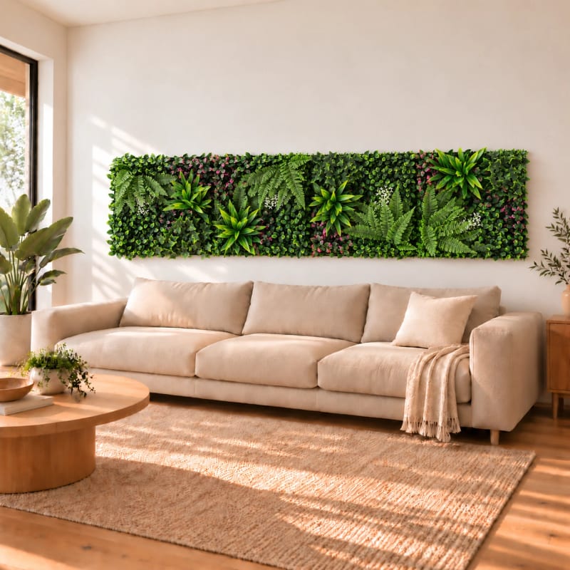 HAGO24 1qm Künstliche Pflanzwand Grün PE Kunstpflanzenwand Pflanzenmatte Blumenwand 4er-Set 50x50 cm Paneel Wanddeko UV-Beständig – Bild 5