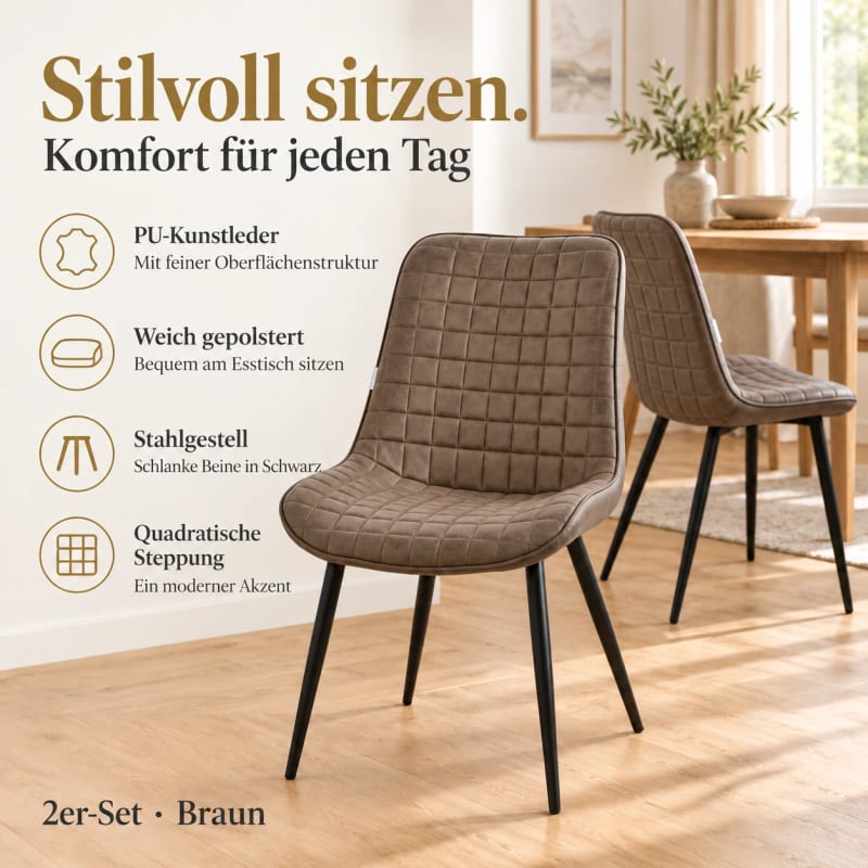 HAGO24 Esszimmerstühle Braun - Kunstleder Polsterstuhl Küchenstuhl Kunstlederstuhl Essstuhl quadratische Steppung gepolsterte Rückenlehne schwarzes Metallgestell – Bild 3