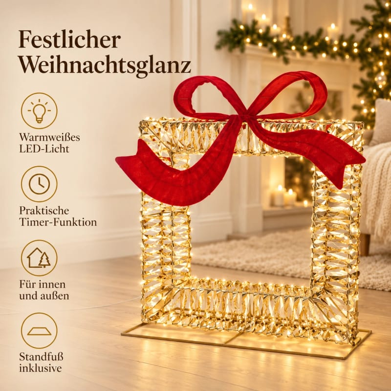 HAGO24 LED Geschenkbox Gold mit roter Schleife Metall Leuchtgeschenk Lichtgeschenk Geschenkbeleuchtung 500 warmweiße LEDs Timer 8/16 Stunden IP44 innen und außen – Bild 3
