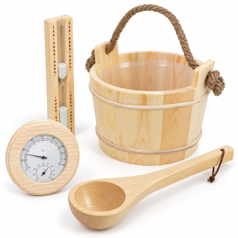 HAGO24 Sauna Zubehör Set Beige Kiefernholz Saunazubehörset Saunaaufguss-Set Saunaset 4 Liter Aufgusskübel Thermo-Hygrometer 15-Minuten-Sanduhr im Einsatz