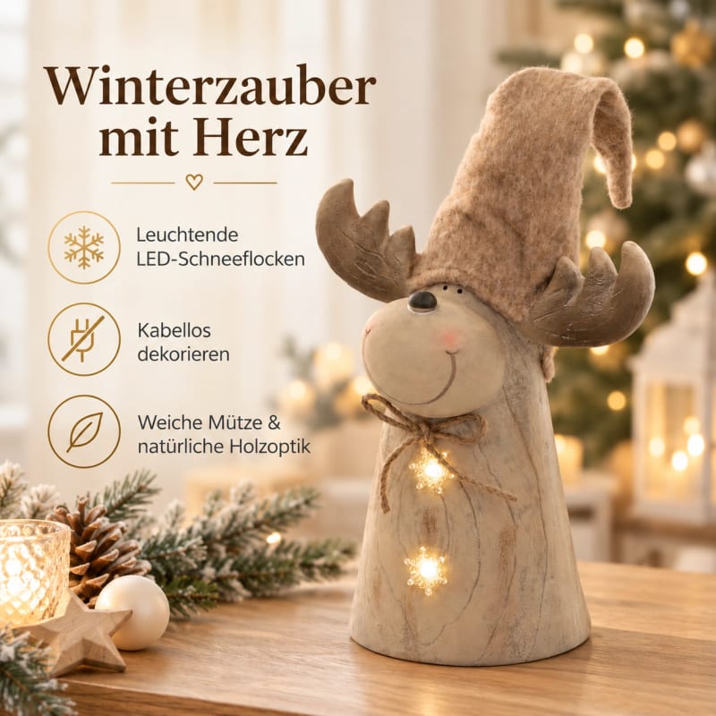 HAGO24 LED-Weihnachtselch Braun Holzoptik Elchfigur Rentierfigur Weihnachtsfigur höhenverstellbar LED-Schneeflocken 45-63cm – Bild 3