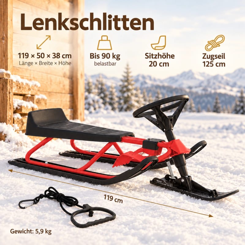 HAGO24 Kinder Lenkschlitten Rot Stahl Rodelschlitten Steuerschlitten Schneeschlitten 20-cm-Sitzhöhe Fußbremse abnehmbares Zugseil – Bild 4