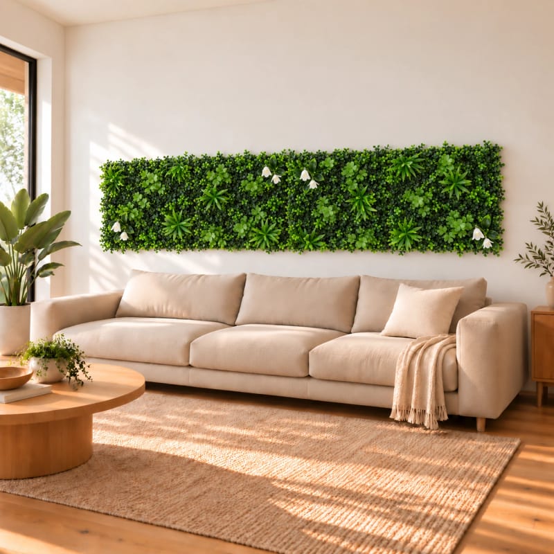 HAGO24 1qm Künstliche Pflanzwand Grün PE Kunstpflanzenwand Pflanzenmatte Blumenwand 4er-Set 50x50 cm Paneel Wanddeko UV-Beständig – Bild 5