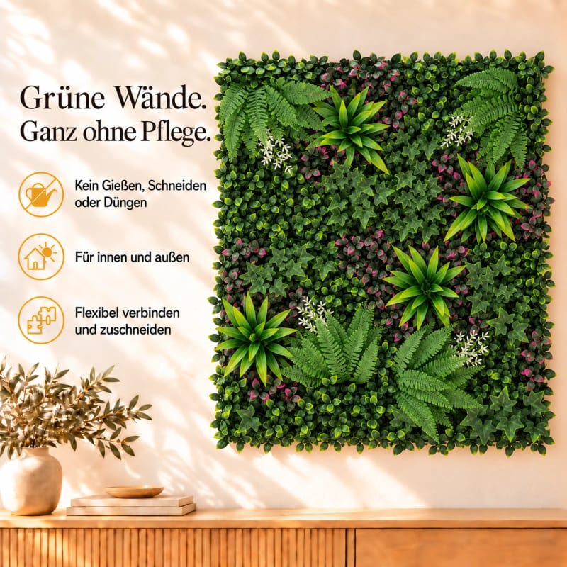 HAGO24 1qm Künstliche Pflanzwand Grün PE Kunstpflanzenwand Pflanzenmatte Blumenwand 4er-Set 50x50 cm Paneel Wanddeko UV-Beständig – Bild 3