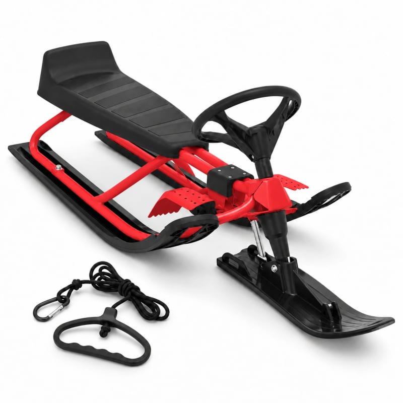 HAGO24 Kinder Lenkschlitten Rot Stahl Rodelschlitten Steuerschlitten Schneeschlitten 20-cm-Sitzhöhe Fußbremse abnehmbares Zugseil im Einsatz