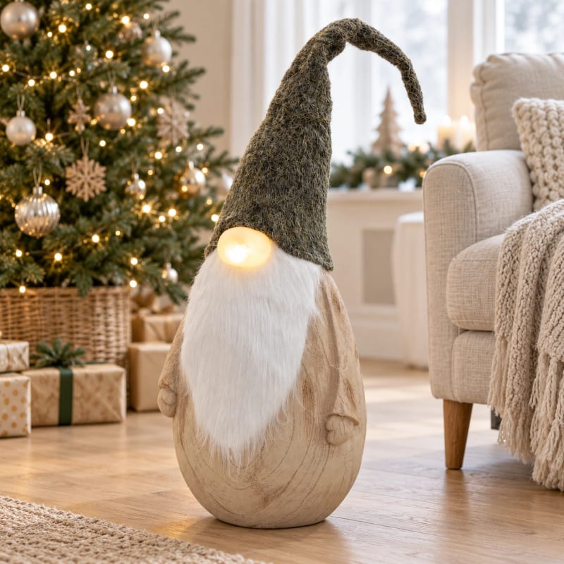 HAGO24 LED-Weihnachtswichtel Natur Magnesia Weihnachtsfigur Zwergfigur Deko-Zwerg LED-Nase 66-88cm Höhe ausziehbar