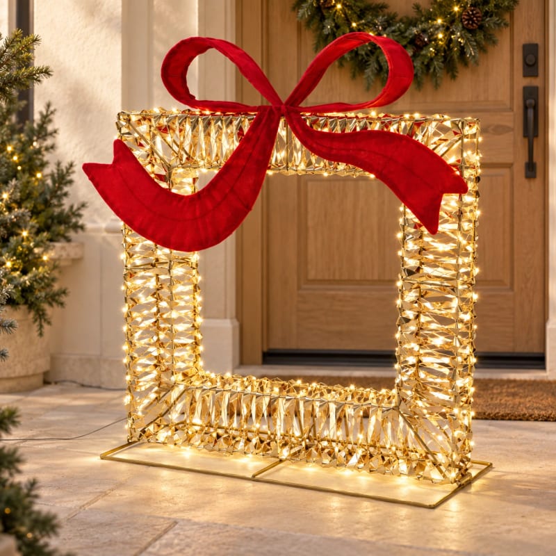 HAGO24 LED Geschenkbox Gold mit roter Schleife Metall Leuchtgeschenk Lichtgeschenk Geschenkbeleuchtung 500 warmweiße LEDs Timer 8/16 Stunden IP44 innen und außen