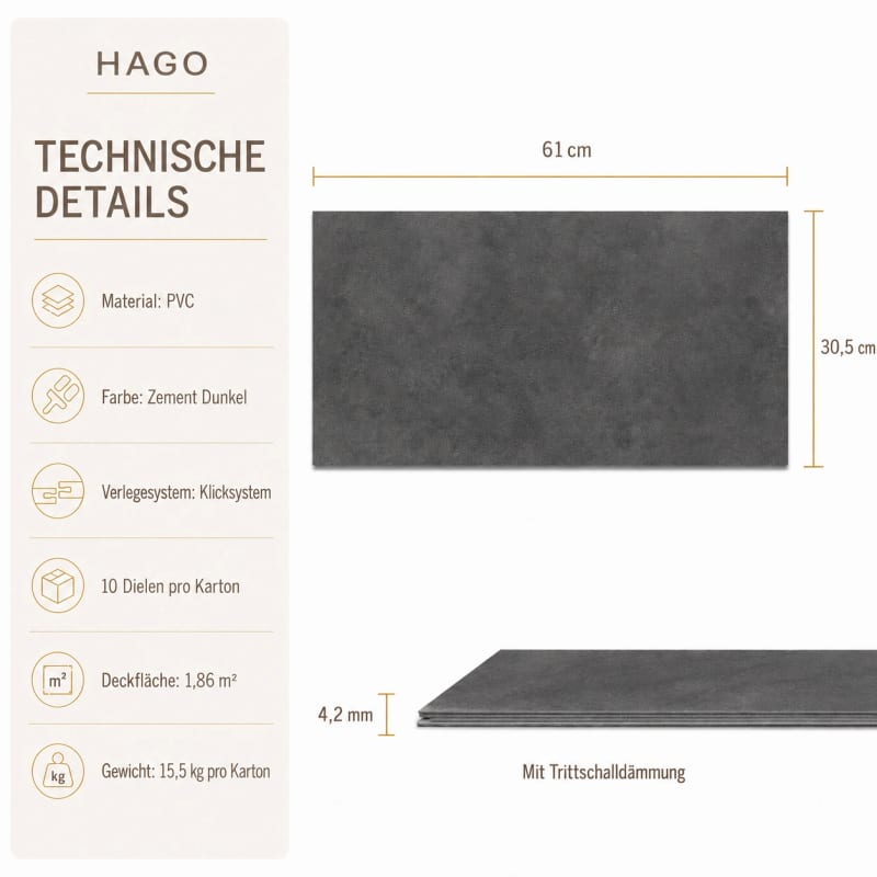 HAGO24 PVC-Vinylboden Zement dunkel PVC Klickvinyl PVC-Bodenbelag Vinyl-Dielen Zement-Optik Klicksystem Trittschalldämmung – Bild 4