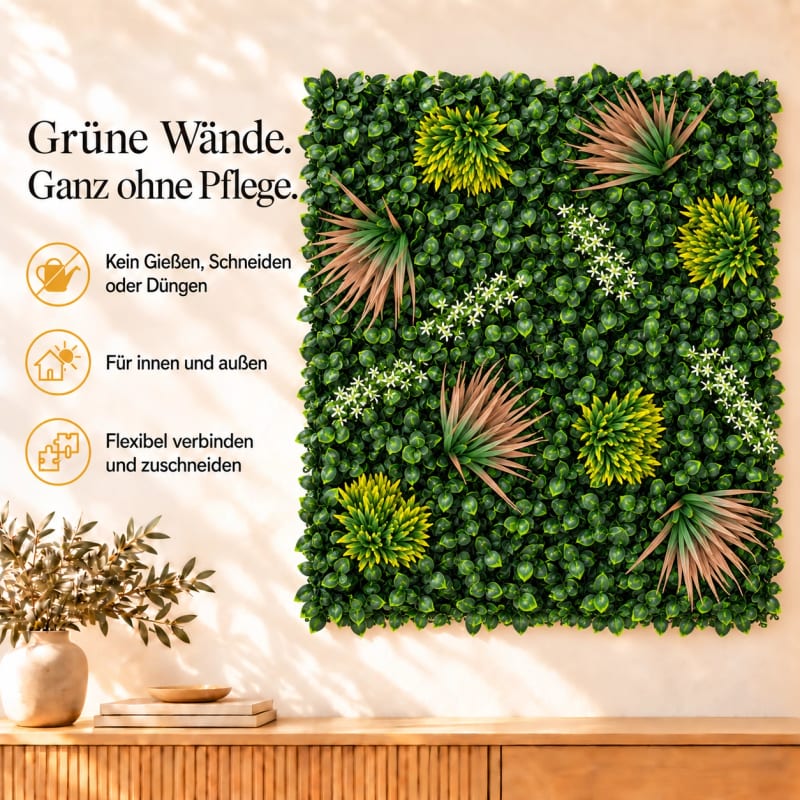 HAGO24 1qm Künstliche Pflanzwand Grün PE Kunstpflanzenwand Pflanzenmatte Blumenwand 4er-Set 50x50 cm Paneel Wanddeko UV-Beständig – Bild 3