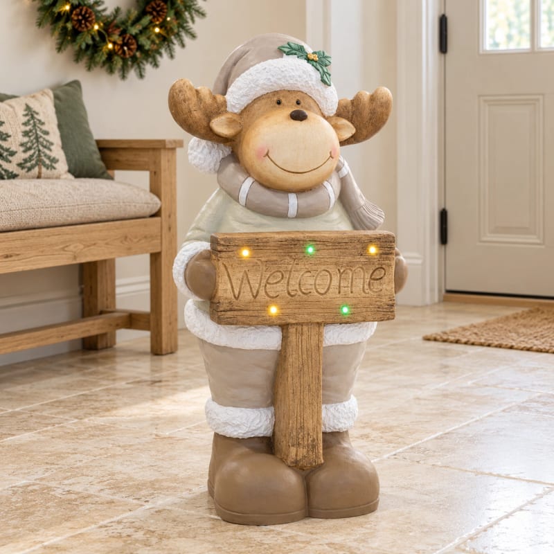 HAGO24 LED-Dekofigur Elch Grau Magnesia Weihnachtsfigur Elchfigur Rentierfigur 76cm-Höhe batteriebetrieben Welcome-Schild