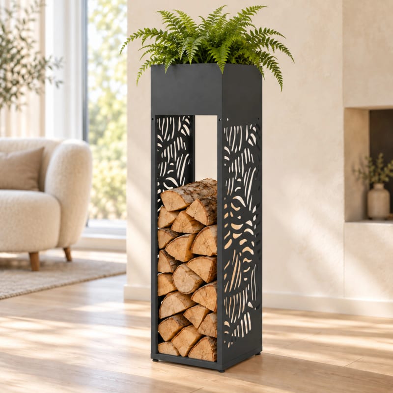 HAGO24 Feuerholzregal Anthrazit verzinkter Stahl Kaminholzregal Brennholzregal Holzlager Säulenform integrierter Pflanzkasten modular erweiterbar – Bild 5