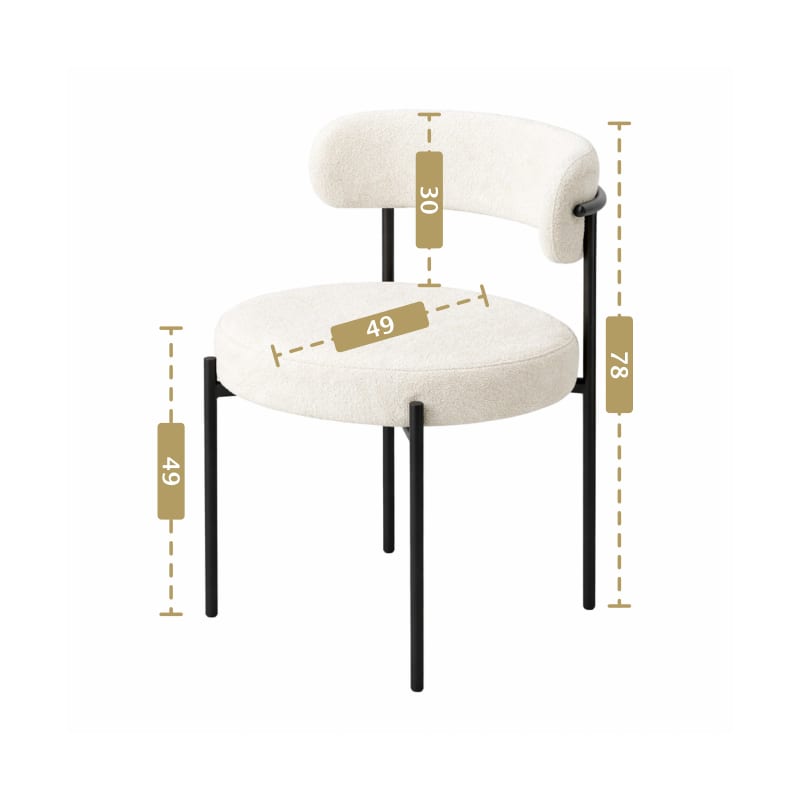 HAGO24 Esszimmerstühle 2er Set Weiß Teddystoff Bezug Polsterstuhl Sitzhöhe 49cm rund schwarze Metallfüße gemütlich edles Design bis 120kg – Bild 3