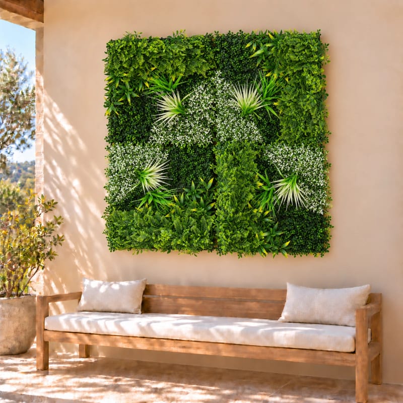 HAGO24 1qm Künstliche Pflanzwand Grün PE Kunstpflanzenwand Pflanzenmatte Blumenwand 4er-Set 50x50 cm Paneel Wanddeko UV-Beständig – Bild 2
