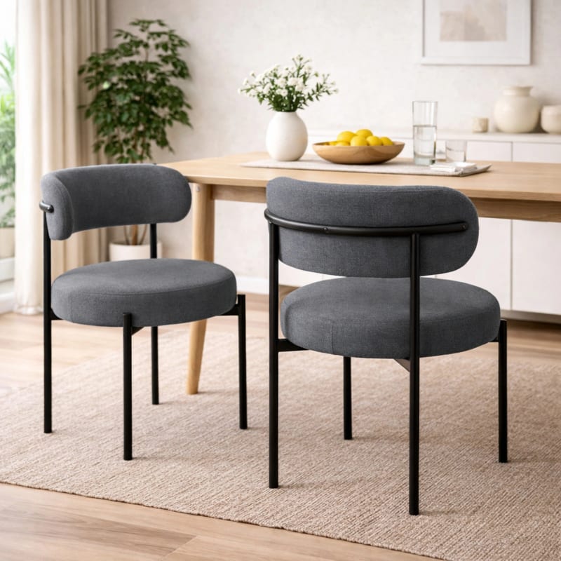 HAGO24 Esszimmerstühle 2er Set Schiefergrau Teddystoff Bezug Polsterstuhl Sitzhöhe 49cm rund schwarze Metallfüße Grau gemütlich edles Design bis 120kg – Bild 1