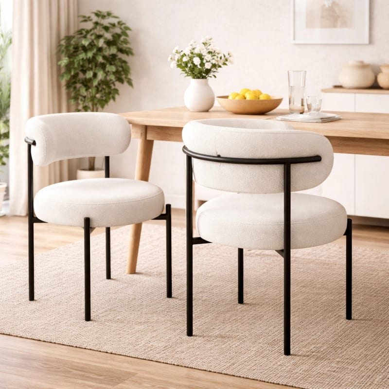 HAGO24 Esszimmerstühle 2er Set Weiß Teddystoff Bezug Polsterstuhl Sitzhöhe 49cm rund schwarze Metallfüße gemütlich edles Design bis 120kg – Bild 1