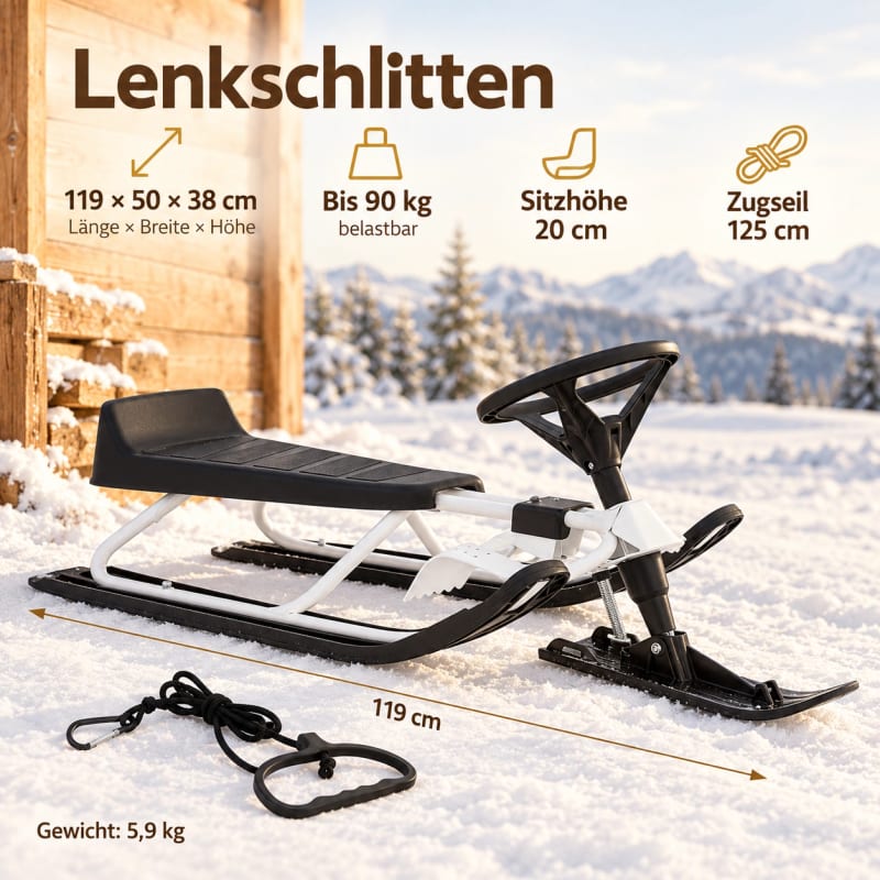 HAGO24 Kinder Lenkschlitten weiß Stahl Rodelschlitten Steuerschlitten Schneeschlitten 20-cm-Sitzhöhe Fußbremse abnehmbares Zugseil – Bild 4