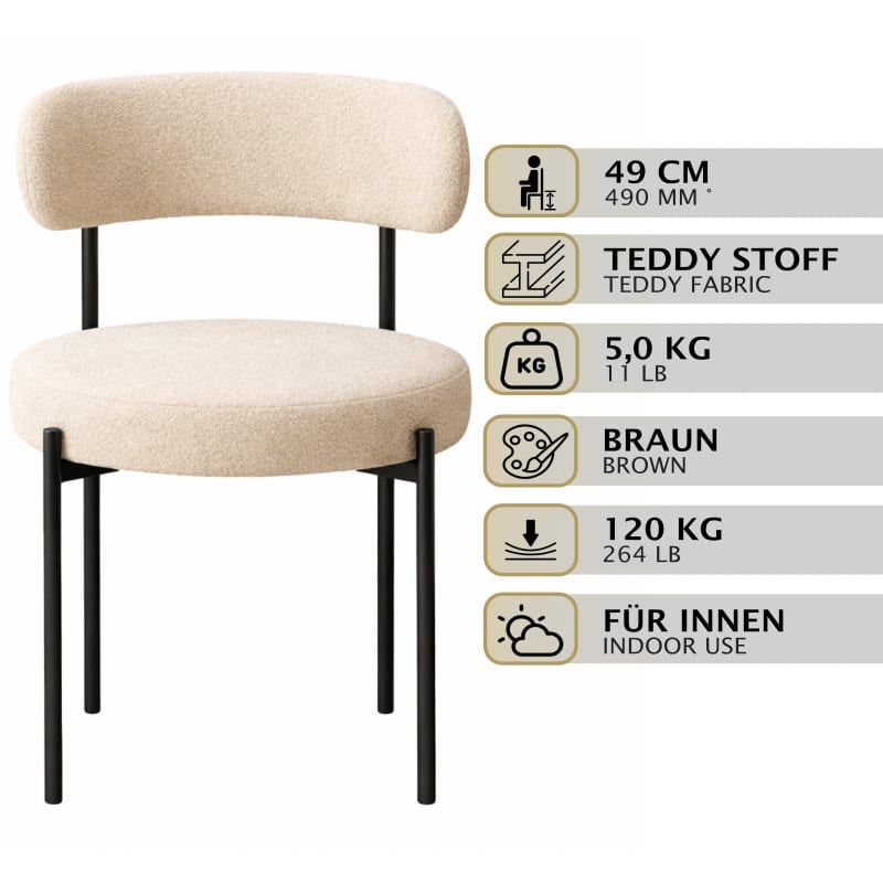 HAGO24 Esszimmerstühle 2er Set Cappuccino Teddystoff Bezug Polsterstuhl Sitzhöhe 49cm rund schwarze Metallfüße Braun gemütlich edles Design bis 120kg – Bild 2