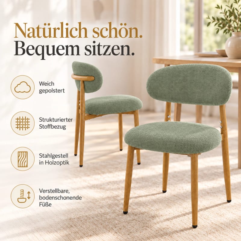 HAGO24 Esszimmerstühle Salbei Essstuhl Küchenstuhl Polsterstuhl Küchenstühle Rückenlehne Stoff Holzoptik Stahl Skandinavien – Bild 3