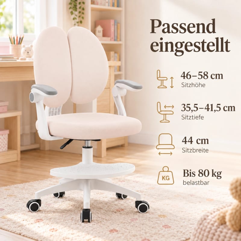 HAGO24 Kinder-Schreibtischstuhl Beige Polyester Drehstuhl Bürostuhl Schreibtischsessel 46-58cm-Sitzhöhe geteilte Rückenlehne höhenverstellbare Fußstütze – Bild 4