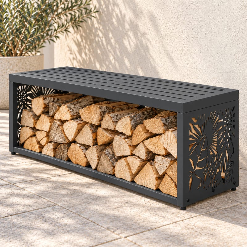 HAGO24 Feuerholzregal mit Sitzbank Anthrazit RAL 7016 verzinkter Stahl Kaminholzregal Brennholzregal Holzlager integrierte Sitzbank Kunststoff-Sitzfläche bis zu 220 kg belastbar – Bild 3