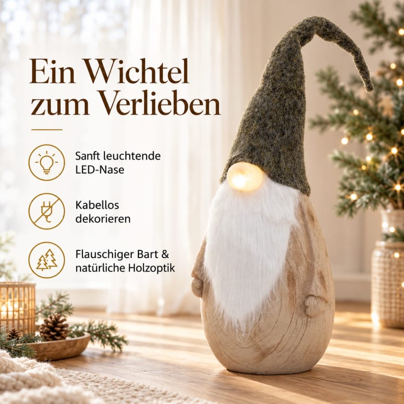 HAGO24 LED-Weihnachtswichtel Natur Magnesia Weihnachtsfigur Zwergfigur Deko-Zwerg LED-Nase 66-88cm Höhe ausziehbar – Bild 3