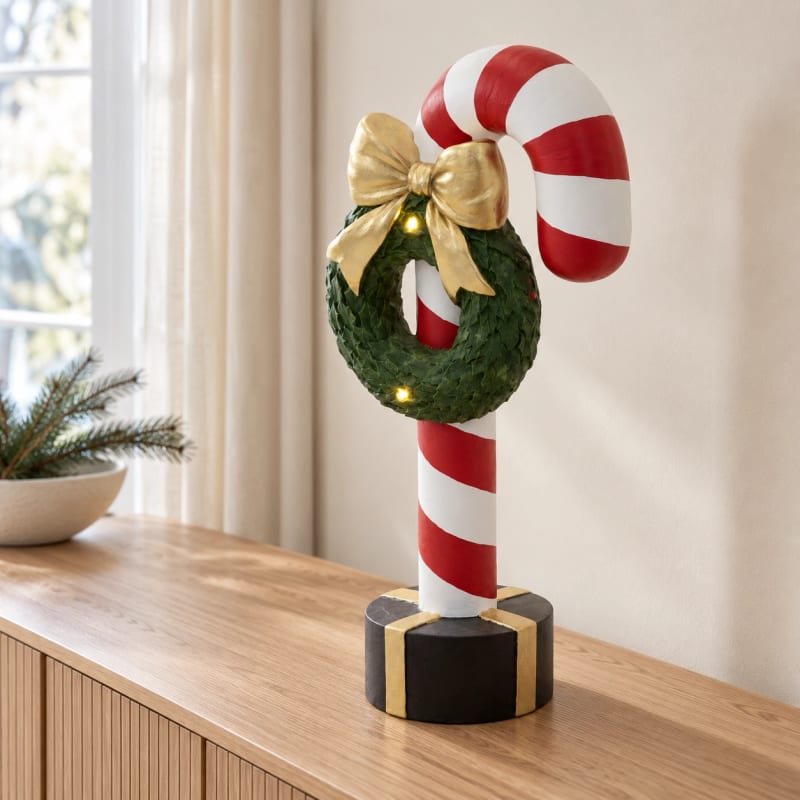 HAGO24 LED-Dekofigur Zuckerstange Rot Weiß Grün Schwarz Gold Magnesia Weihnachtsfigur Weihnachtsdekoration LED-Figur mit Kranz integrierten LEDs 68 cm Höhe – Bild 5