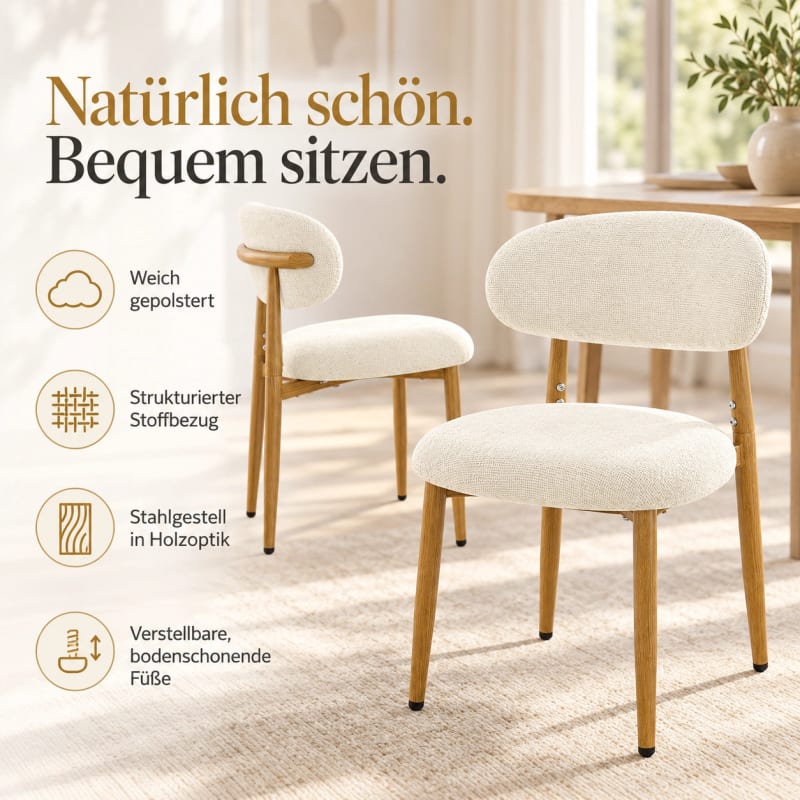 HAGO24 Esszimmerstühle Beige Essstuhl Küchenstuhl Polsterstuhl Küchenstühle Rückenlehne Stoff Holzoptik Stahl Skandinavien – Bild 3