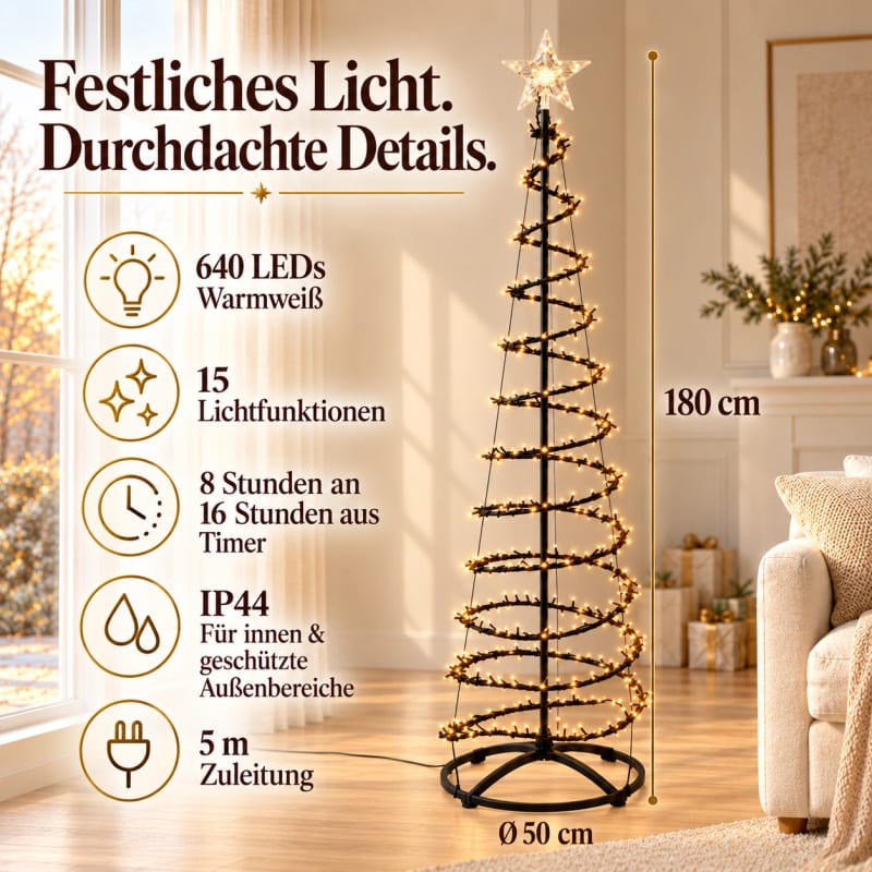 HAGO24 Beleuchteter Weihnachtsbaum Schwarz Kunststoff Künstlicher Tannenbaum Christbaum Lichterbaum 180 cm Höhe 640 warmweiße LEDs Wasserfall-Lichteffekt mit Timer – Bild 4