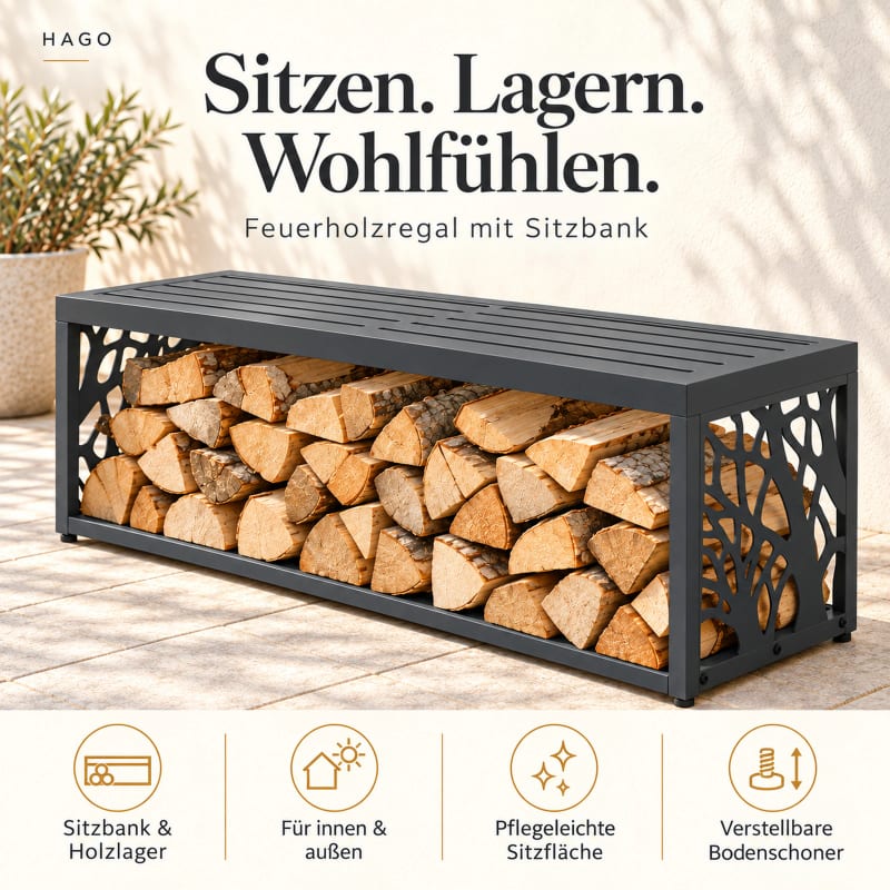 HAGO24 Feuerholzregal mit Sitzbank Anthrazit RAL 7016 verzinkter Stahl Kaminholzregal Brennholzregal Holzlager integrierte Sitzbank Kunststoff-Sitzfläche bis zu 220 kg belastbar – Bild 3