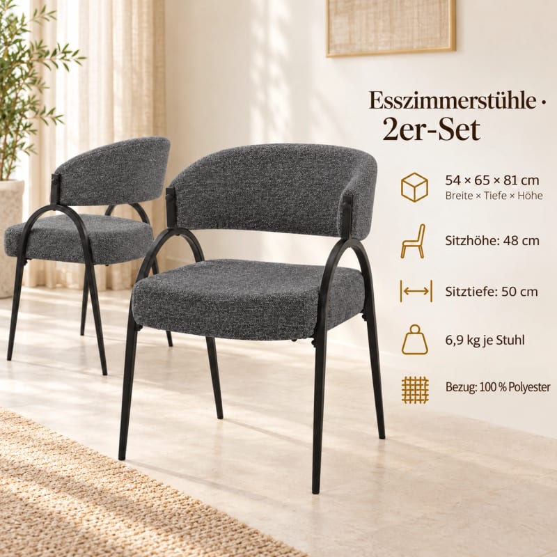 HAGO24 2er Set Esszimmerstühle Küchenstuhl Polyester Polsterstuhl Essstühle Designerstühle Bouclé-Webstoff – Bild 4