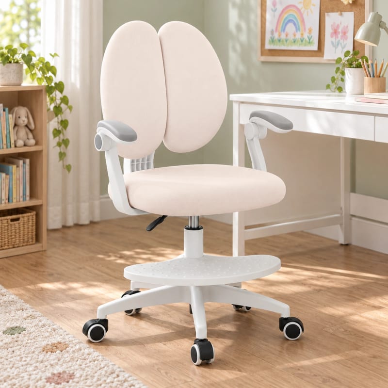 HAGO24 Kinder-Schreibtischstuhl Beige Polyester Drehstuhl Bürostuhl Schreibtischsessel 46-58cm-Sitzhöhe geteilte Rückenlehne höhenverstellbare Fußstütze – Bild 1
