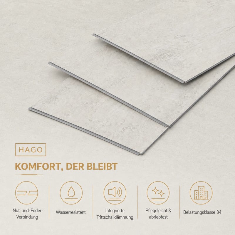 HAGO24 PVC-Vinylboden Zement hell PVC Klickvinyl PVC-Bodenbelag Vinyl-Dielen Zement-Optik Klicksystem Trittschalldämmung – Bild 3