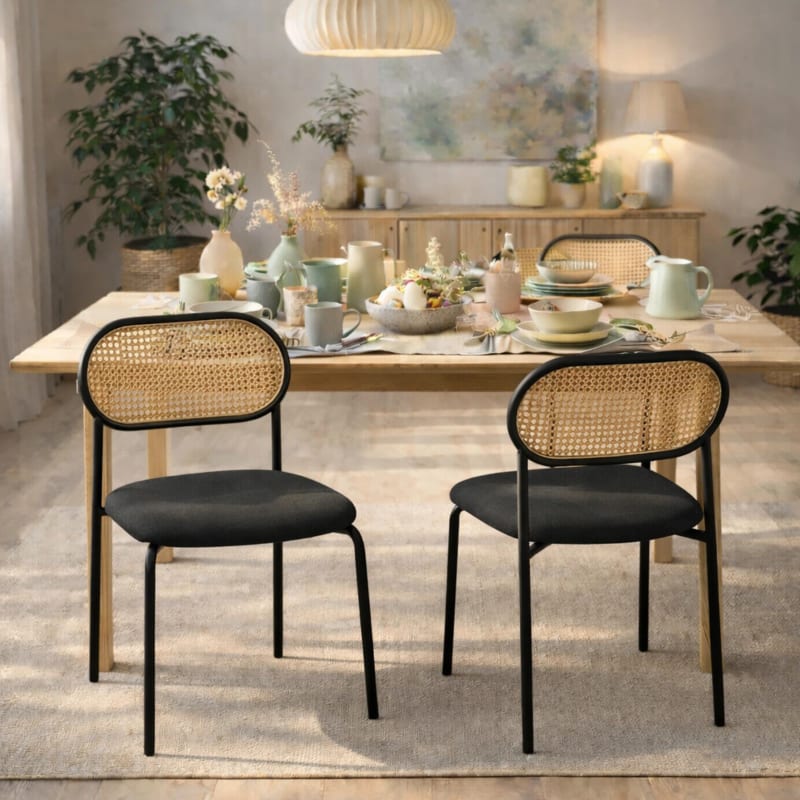 HAGO24 Esszimmerstühle 2er Set Küchenstuhl PE-Rattan Rückenlehne Stahlgestell Polster Schwarz Sitzhöhe 46cm bis 120kg – Bild 1