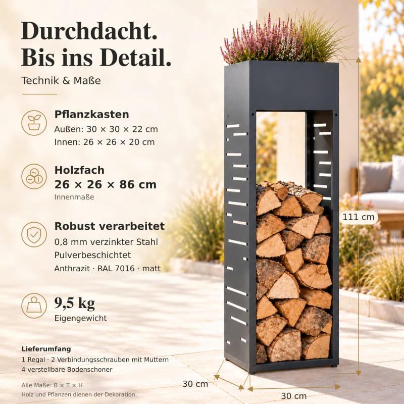 HAGO24 Feuerholzregal Anthrazit verzinkter Stahl Kaminholzregal Brennholzregal Holzlager Säulenform integrierter Pflanzkasten modular erweiterbar – Bild 4