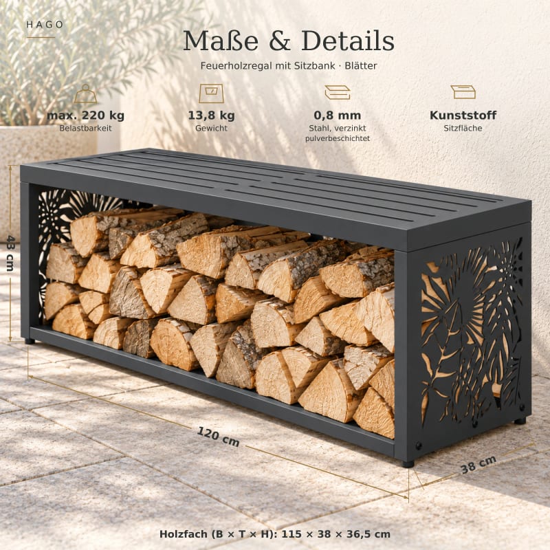 HAGO24 Feuerholzregal mit Sitzbank Anthrazit RAL 7016 verzinkter Stahl Kaminholzregal Brennholzregal Holzlager integrierte Sitzbank Kunststoff-Sitzfläche bis zu 220 kg belastbar – Bild 5