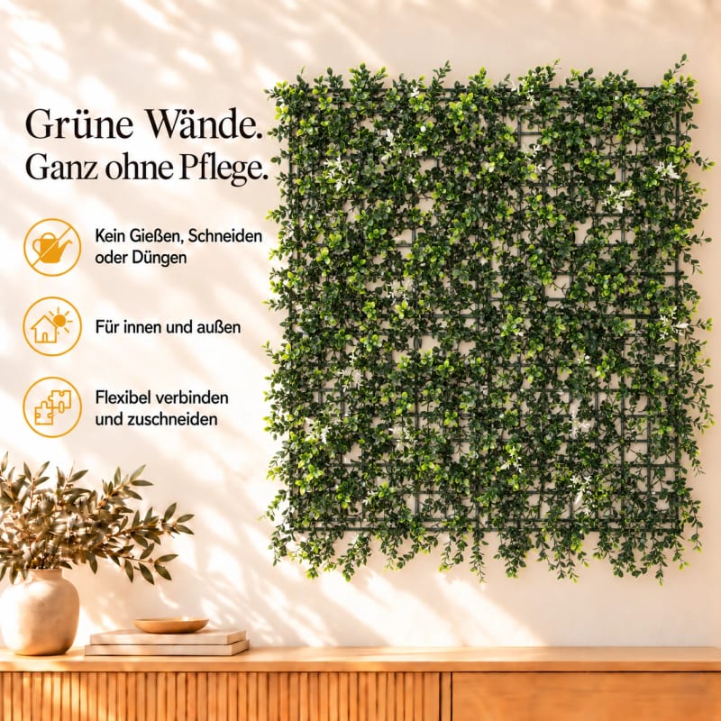 HAGO24 1qm Künstliche Pflanzwand Grün PE Kunstpflanzenwand Pflanzenmatte Blumenwand 4er-Set 50x50 cm Paneel Wanddeko UV-Beständig – Bild 3
