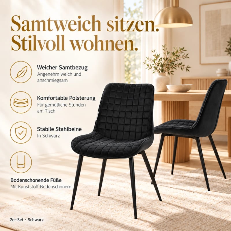 HAGO24 Esszimmerstühle Schwarz - Samt Polsterstuhl Küchenstuhl Samtstuhl Essstuhl quadratische Steppung gepolsterte Rückenlehne schwarzes Metallgestell – Bild 3